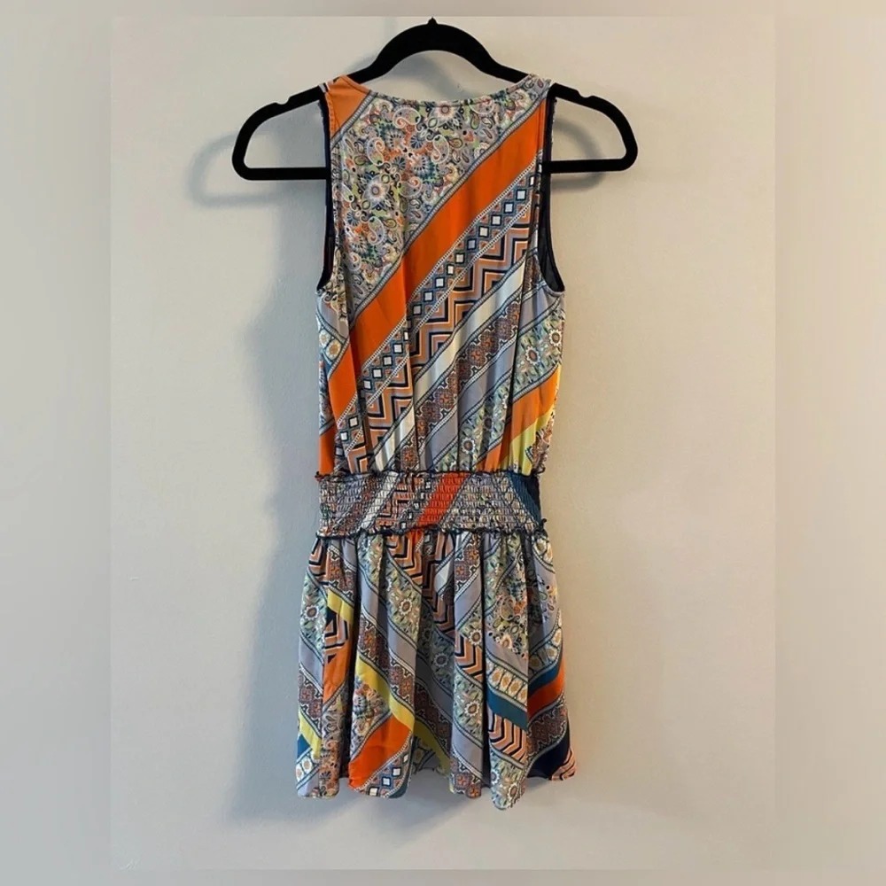 Ramy Brook Silk Geometric-Shape Multicolor V Neck Sleeveless Drop Waist Dress - Picture 2 of 4